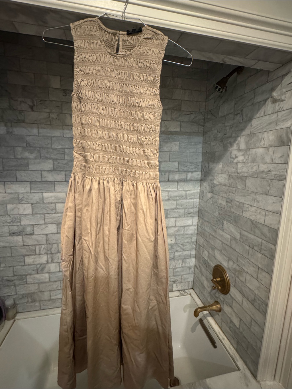 Sleeveless Beige Gathered Bodice Maxi Dress